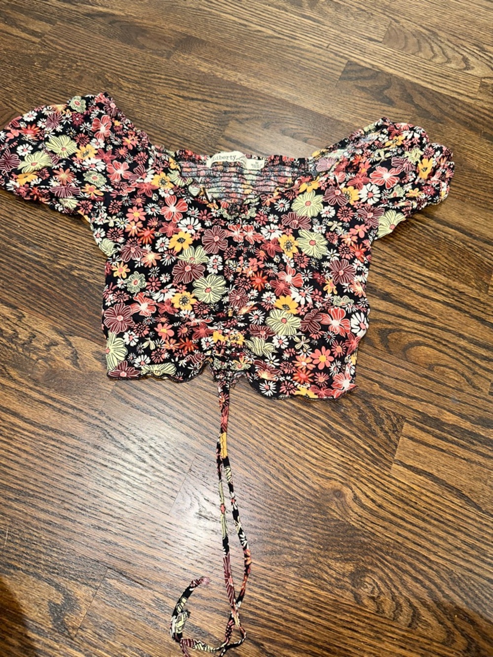 Liberty Love Black Floral Smocked Crop Top with Pink & Yellow Flowers